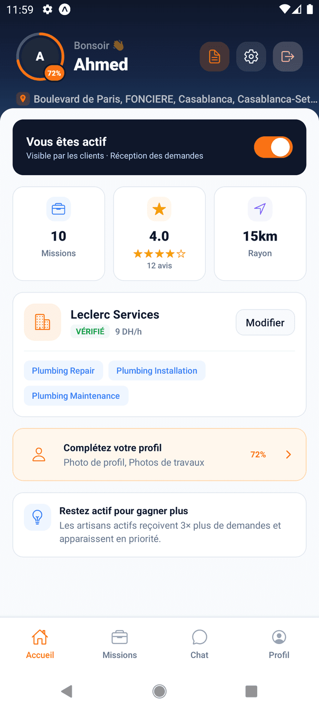 Tableau de bord activé